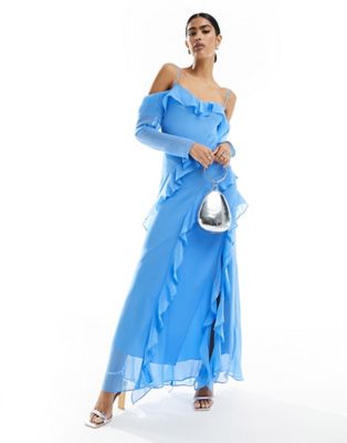 Forever New long sleeve sheer ruffle maxi dress in blue