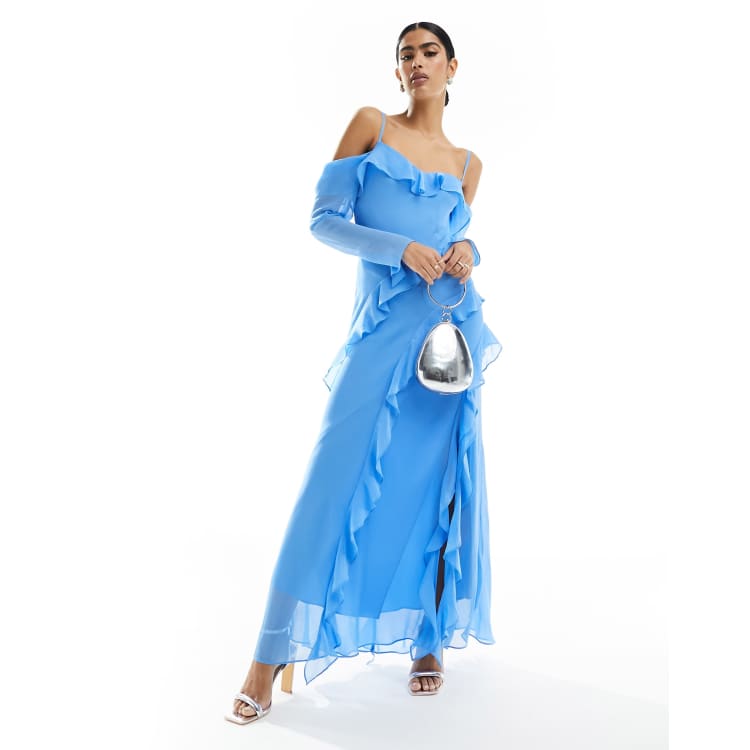 Forever New long sleeve sheer ruffle maxi dress in blue ASOS