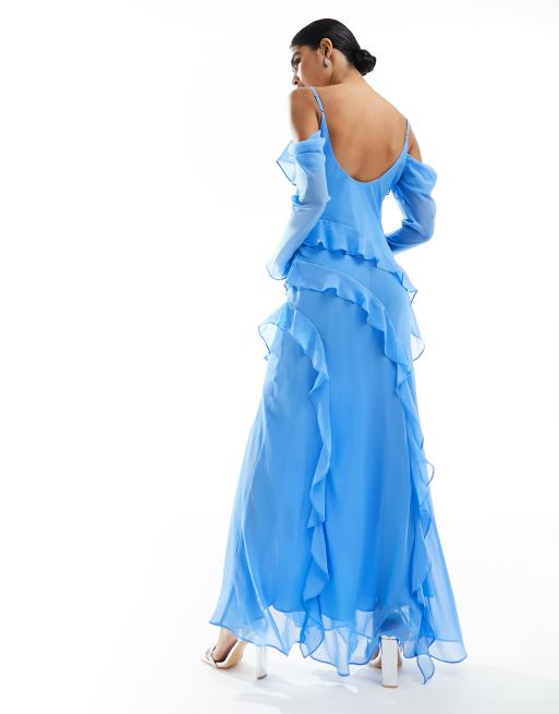 Forever New long sleeve sheer ruffle maxi dress in blue | ASOS