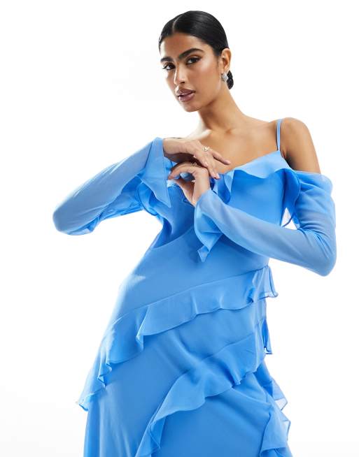 One Shoulder Light Blue Fitted sale Long Sleeve Ruffle Dress