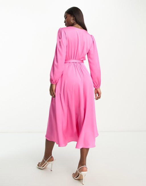 Forever New long sleeve tie waist midi dress in pink satin