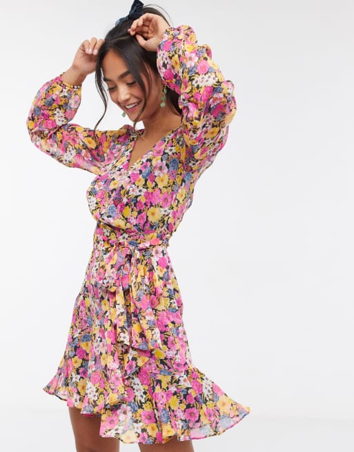 Forever New long sleeve wrap mini dress in fuchsia mixed floral | ASOS