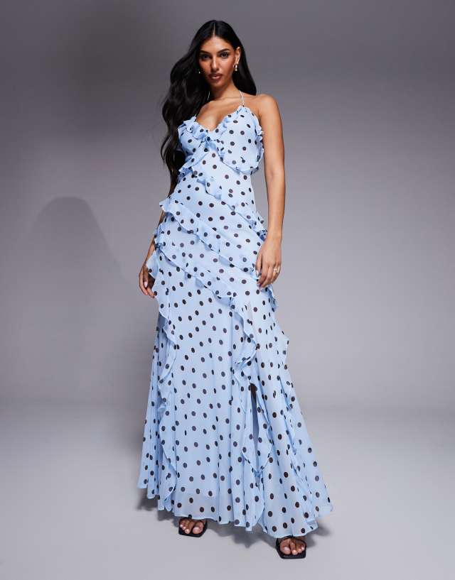 Forever New low back halter neck ruffle maxi dress in blue polka dot