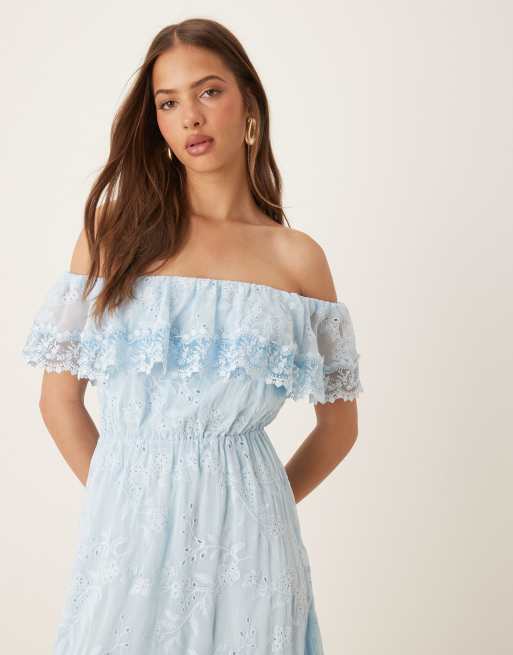 Forever New - Lyseblå bardot-midaxikjole med flæser, 3 af 4