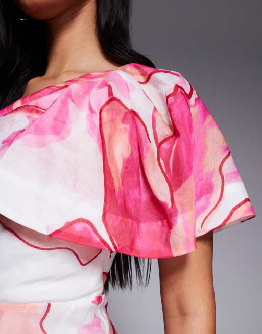 Forever New - Lyserød skater-minikjole med oneshoulder-snit og blomstermønster, 3 af 4