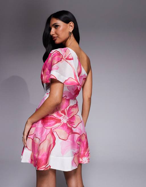 Forever New - Lyserød skater-minikjole med oneshoulder-snit og blomstermønster, 4 af 4