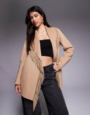 Forever New - Manteau en laine à franges - Camel-Neutre