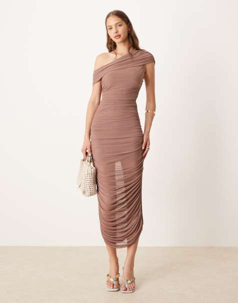 Forever New mesh ruched asymmetrical midaxi dress in mocha