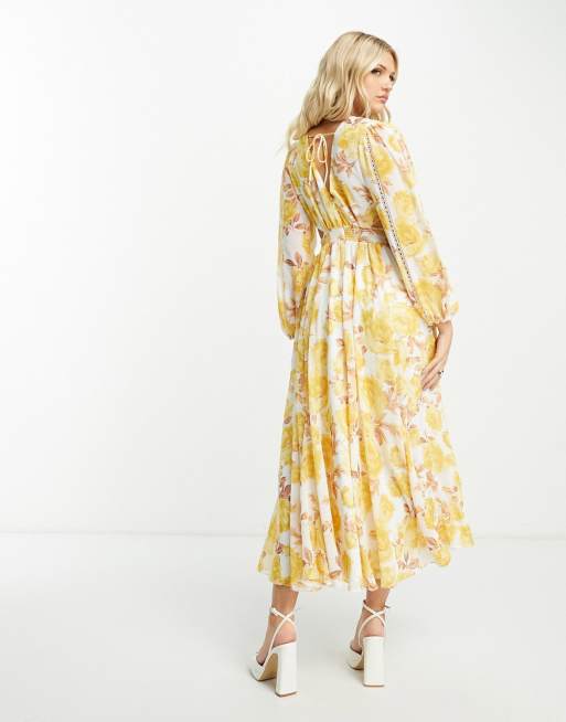 binnenplaats Op grote schaal een schuldeiser Forever New - Maxi jurk met lange mouwen in goudkleurige bloemenprint | ASOS