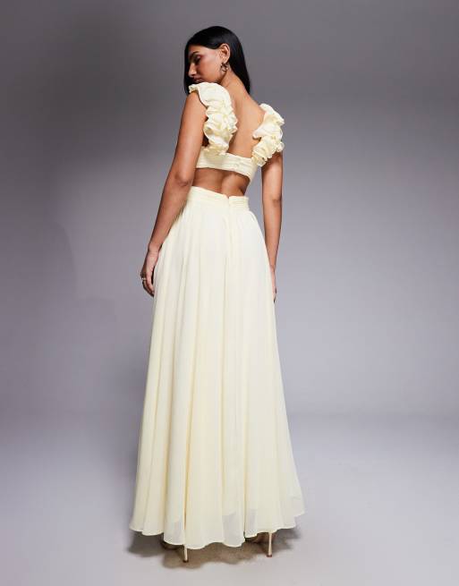 Forever New - Maxi jurk van chiffon met ruches op de schouders in citroengeel, 3 van 4