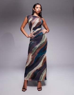 Forever New - Maxikleid aus Netzstoff mit abstraktem Muster in neutralen Farbtönen und Zierknoten vorne-Bunt