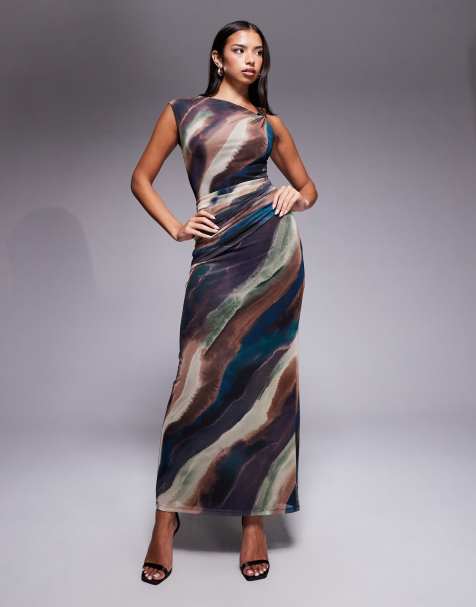 Forever New – Maxikleid aus Netzstoff mit abstraktem Muster in neutralen Farbtönen und Zierknoten vorne - view 1