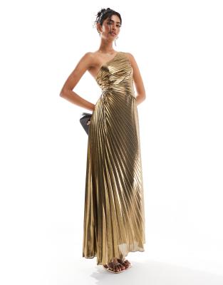 Forever New - Maxikleid in Goldoptik mit One-Shoulder-Träger und Schleife-Goldfarben