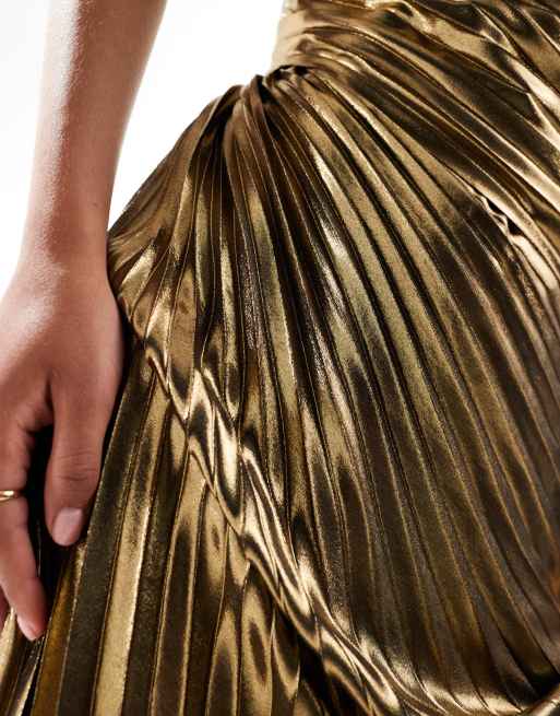 Forever New – Maxikleid in Goldoptik mit One-Shoulder-Träger und Schleife, 4 von 4