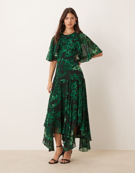 Forever New – Maxikleid in Smaragdgrün mit Rückenausschnitt, Rüschen und Leopardenmuster - view 1