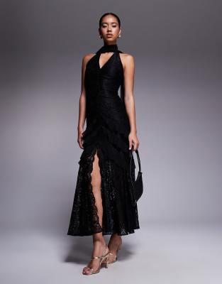Forever New - Maxikleid mit Schalkragen, Rüschen und Spitze-Schwarz