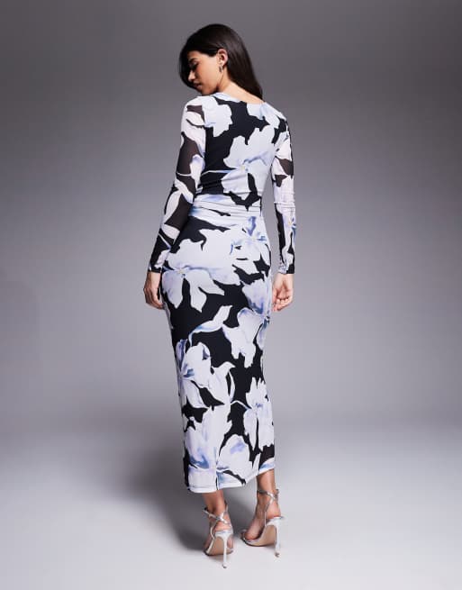 Forever New mesh maxi dress in in black and blue floral, 4 of 4
