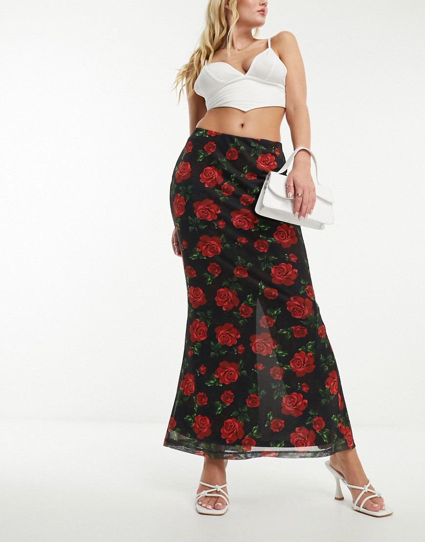Forever New mesh maxi skirt in black rose print
