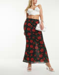 [Forever New] Forever New mesh maxi skirt in black rose print 6 Black rose print