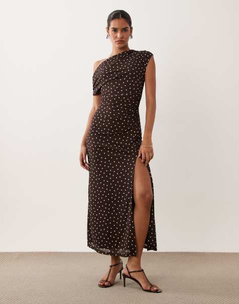 Forever New mesh one shoulder high split midi dress in chocolate spot - view 1