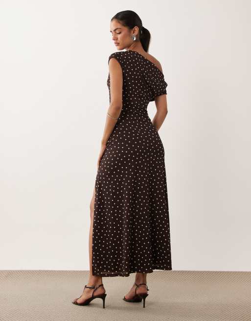 Forever New mesh one shoulder high split midi dress in chocolate spot, 2 of 4