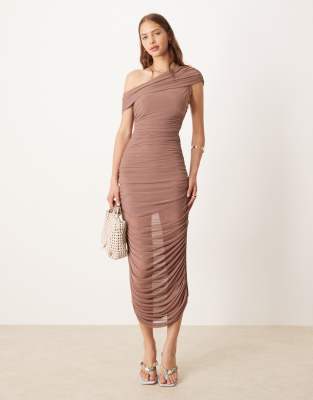 Forever New Forever New mesh ruched asymmetrical midaxi dress in mocha-Brown