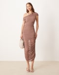 [Forever New] Forever New mesh ruched asymmetrical midaxi dress in mocha-Brown 14 Mocha Brown
