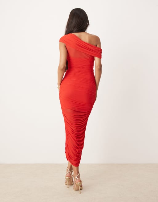 Forever New mesh ruched asymmetrical midaxi dress in red | ASOS