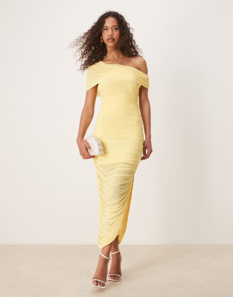 Forever New mesh ruched asymmetrical midaxi dress in yellow - view 1