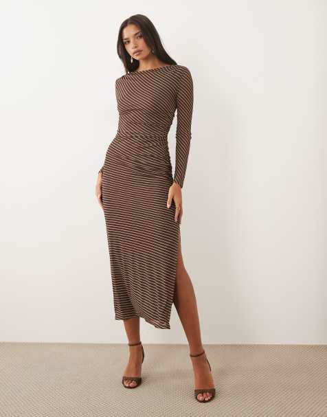 Forever New mesh slash neck maxi dress in brown stripe - view 1