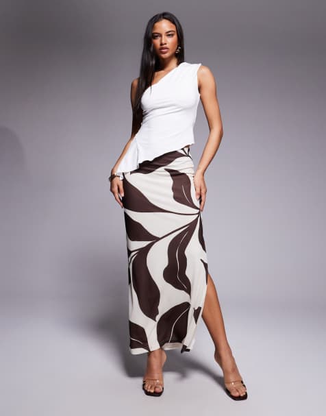Forever New mesh slit side maxi skirt co-ord in brown abstract print - view 1