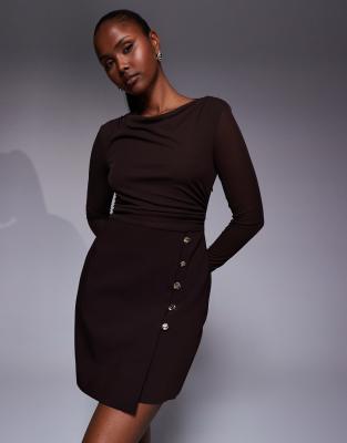 Forever New Forever New mesh top tailored 2 in 1 mini dress in chocolate brown
