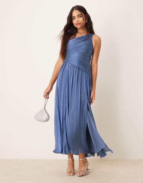 Forever New metallic one shoulder drop hem maxi dress in blue