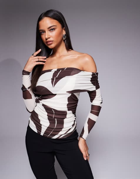 Forever New - Mia - Top in rete marrone con stampa astratta e spalle scoperte in coordinato - view 1