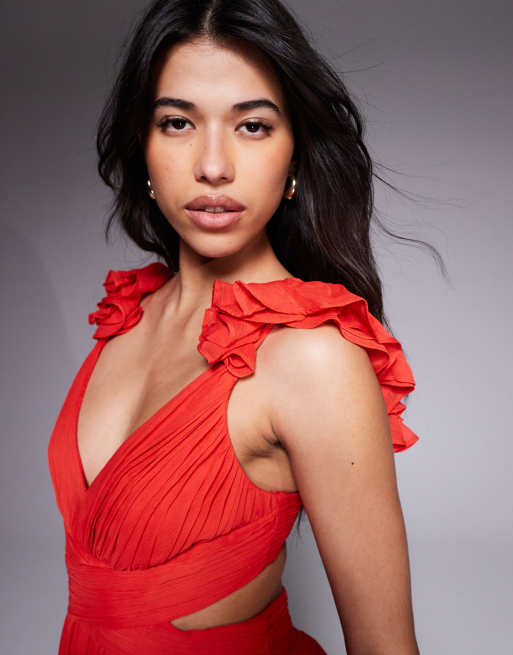 Forever New - Midaxi jurk met ruches aan de schouder in chili rood, 3 van 4
