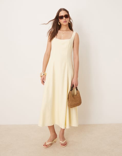 Forever New – Midaxi-Kleid aus Leinen in Zitronengelb mit Kontrastnaht - view 1