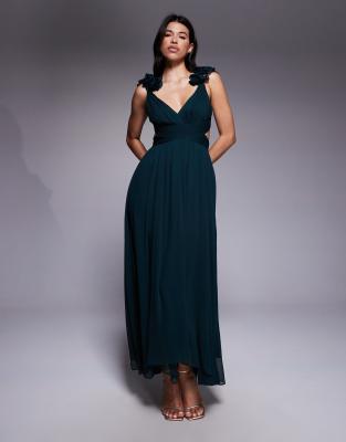Forever New - Midaxi-Kleid in Moosgrün mit Rüschen an der Schulter