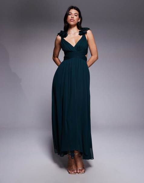 Forever New – Midaxi-Kleid in Moosgrün mit Rüschen an der Schulter - view 1