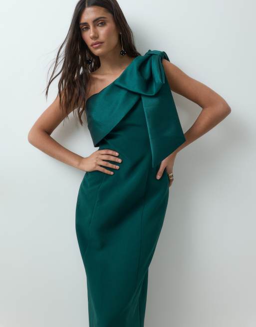 Forever New Midaxi-Kleid mit Satinschleife, One-Shoulder-Träger und Rückenschlitz in Smaragdgrün, 2 von 5