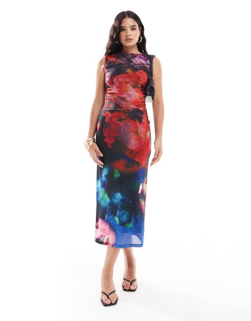 Forever New – Midaxiklänning i draperad mesh med suddigt blommönster