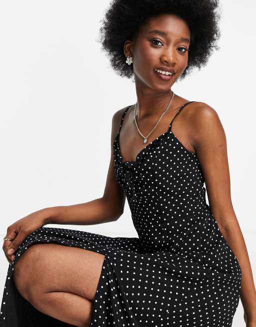 Forever New – Midi-Freizeitkleid mit Schnürung vorne und Schlitz am Oberschenkel in Schwarz gepunktet, 3 von 4