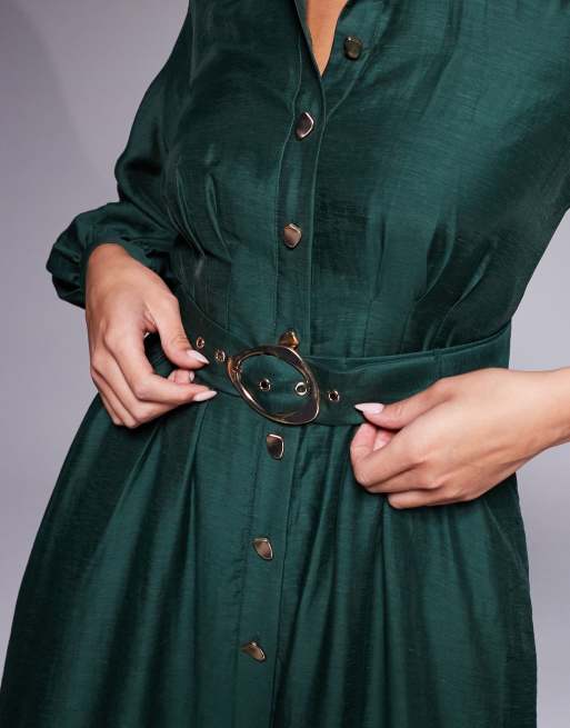 Forever New – Midi-Hemdblusenkleid in Dunkelgrün mit Ziernaht und Gürtel , 2 von 4