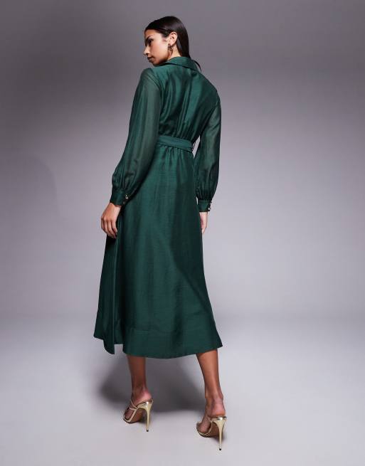 Forever New – Midi-Hemdblusenkleid in Dunkelgrün mit Ziernaht und Gürtel , 3 von 4
