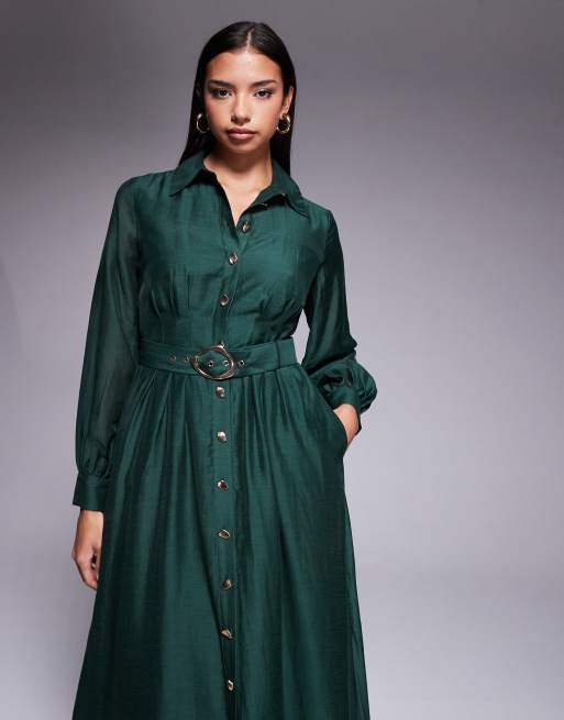 Forever New – Midi-Hemdblusenkleid in Dunkelgrün mit Ziernaht und Gürtel , 4 von 4