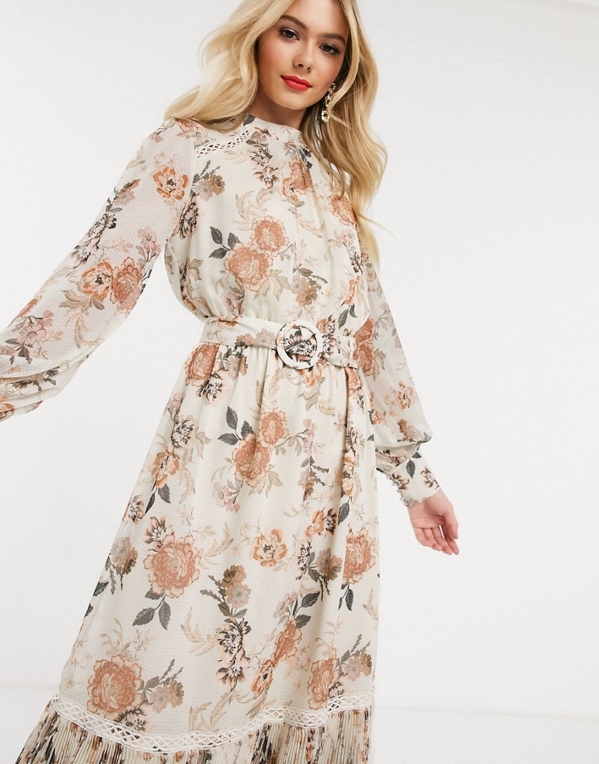 Forever New - Midi-jurk met ceintuur en ruches in jacquard bloemenprint-Multi