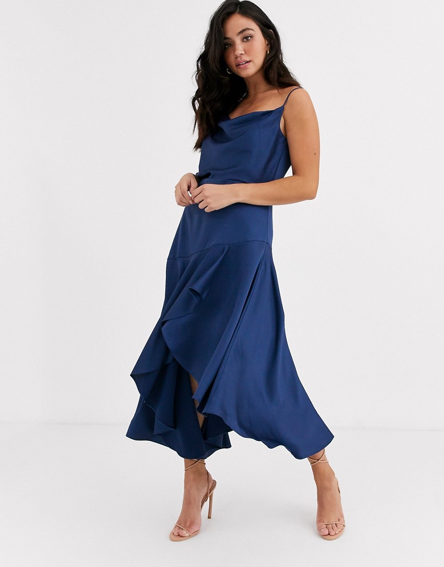 Forever New - Midi-jurk met gedrapeerde halslijn van satijn in middernacht blauw