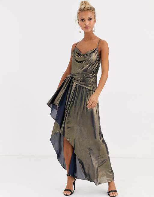 Forever New - Midi-jurk met gedrapeerde metallic halslijn in goud, 4 van 4