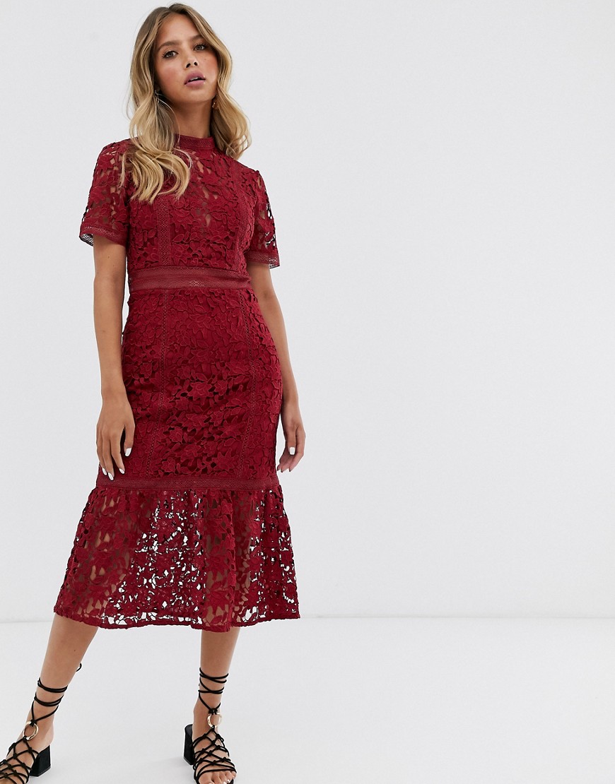 Forever New - Midi-jurk met kanten inzetstuk in framboosroze-Rood