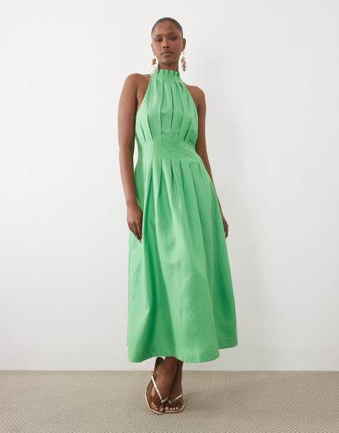 Forever New - Midi jurk van linnenmix met geplooid detail en halternek in groen - view 1