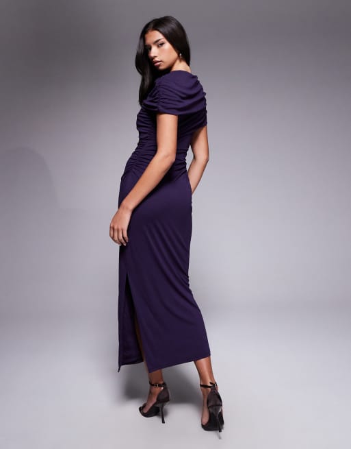 Forever New - Midi-jurk van mesh met gerimpelde cape detail in donkerpaars, 4 van 4